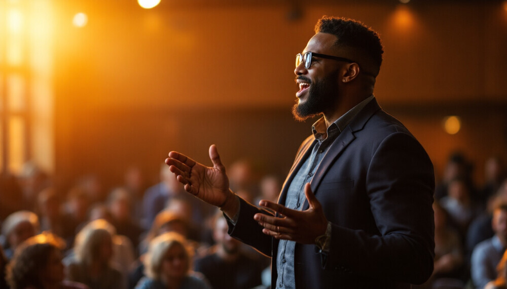 Confident Presenter Demonstrating Expertise