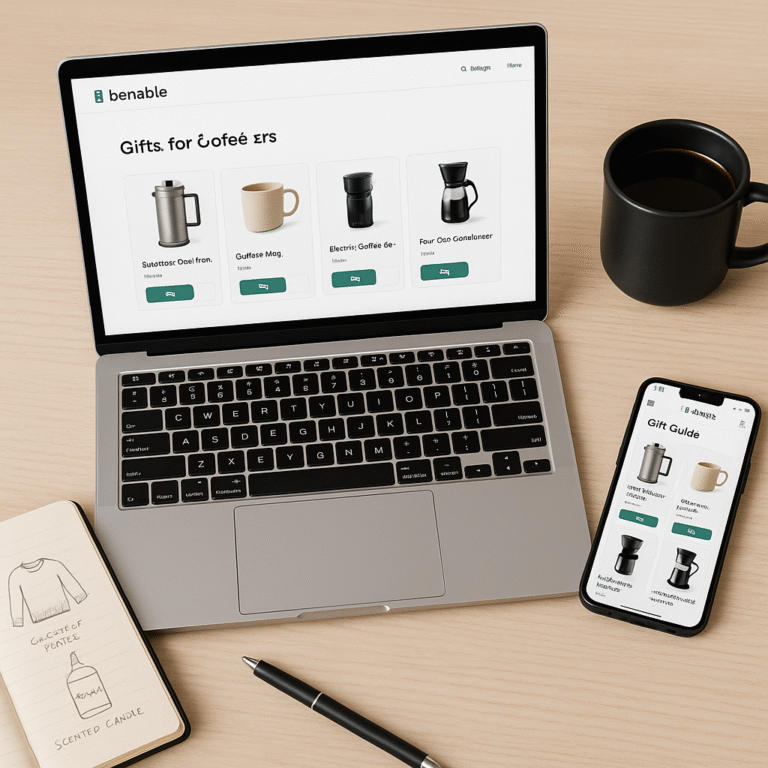 Content creator using Benable to build a gift guide on laptop and phone
