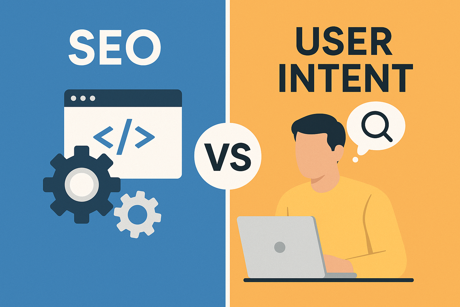 Flat-style digital illustration comparing SEO and User Intent—left side shows gears and code for SEO, right side shows a person with a laptop and magnifying glass icon for intent, separated by a “VS” circle.