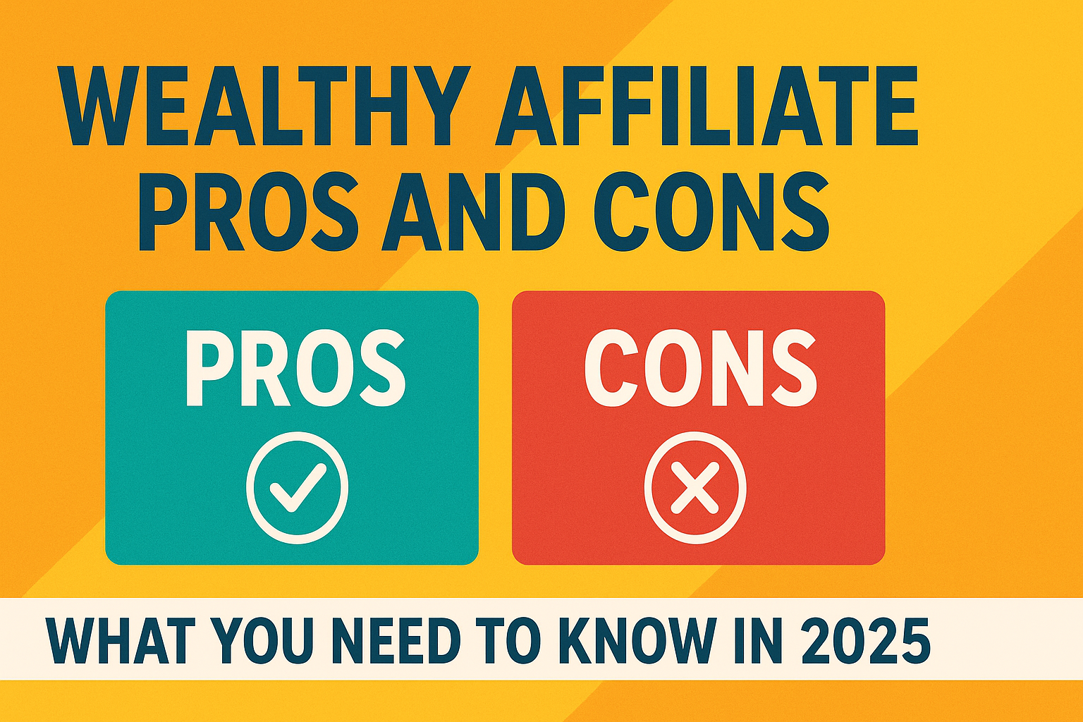Colorful digital graphic titled 'Wealthy Affiliate Pros and Cons' with icons representing benefits and drawbacks, designed in a modern 16:9 layout for a blog post.
