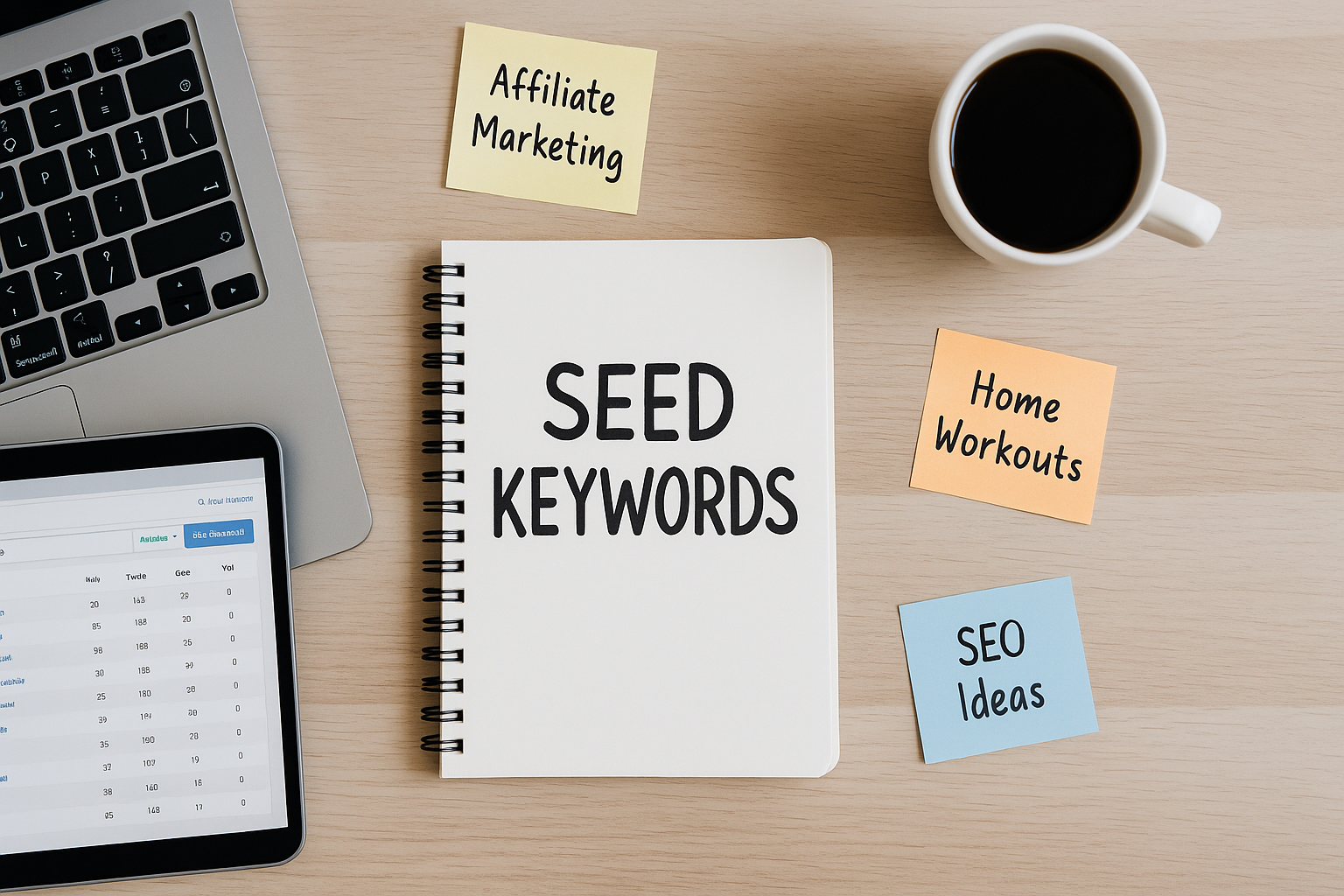 Flat-lay of a blogger’s desk with “Seed Keywords” written on a notepad beside a laptop and keyword ideas for content research.