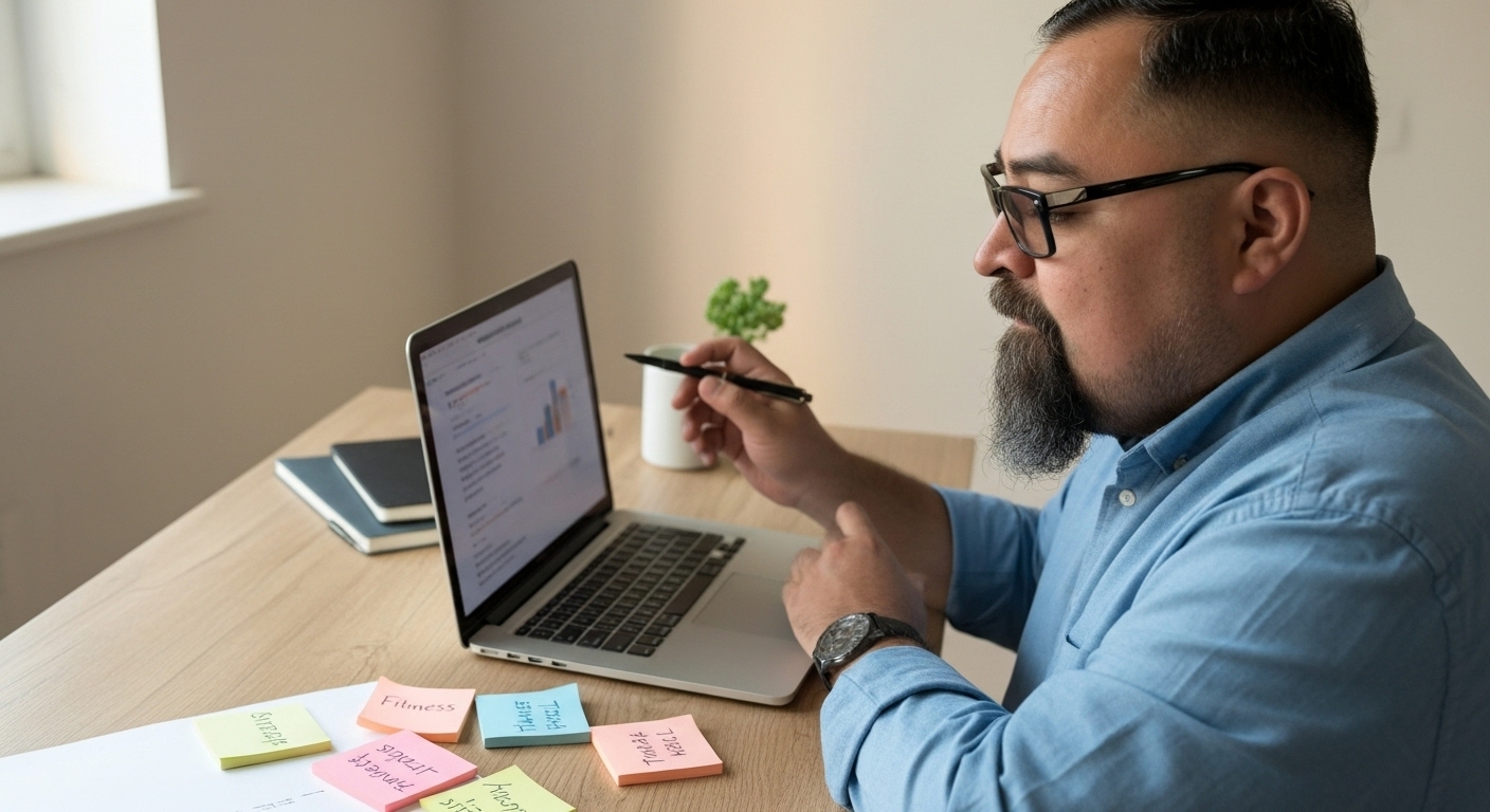 person brainstorming niche ideas for affiliate marketing using laptop and sticky notes