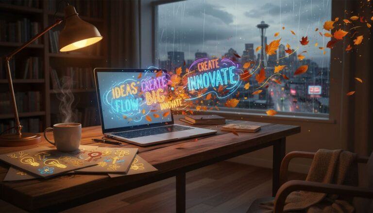 Cozy blogger's desk at rainy dusk with laptop screen sparking into creative word bubbles, notebook doodles, and autumn leaves outside—symbolizing overcoming writer's block in content creation.